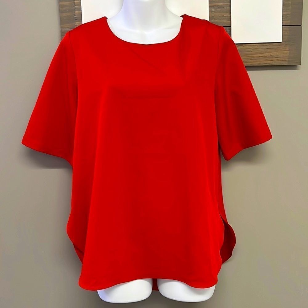 Flawless Red High Low Elbow Sleeve Pullover Blouse with a Curved Hemline- Med